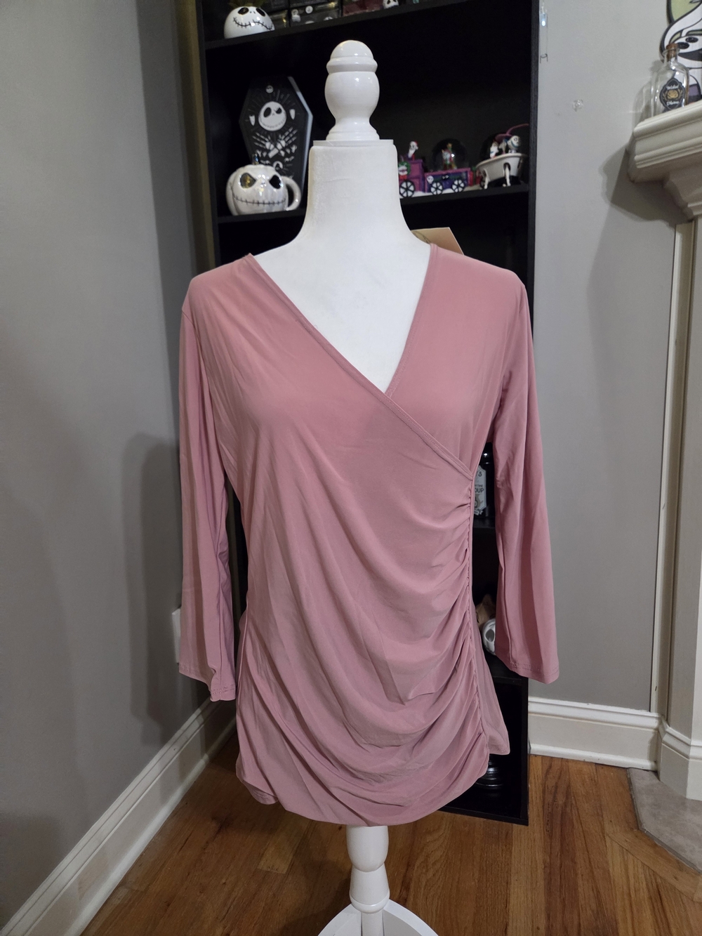Women’s Ruched Wrap-Front Blouse in Dusty Pink